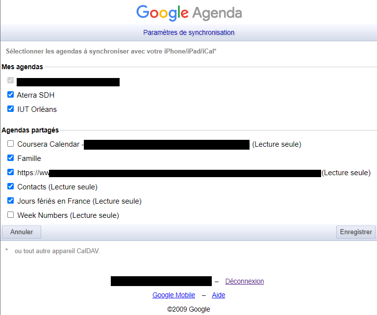 Capture d'écrans des calendriers Google